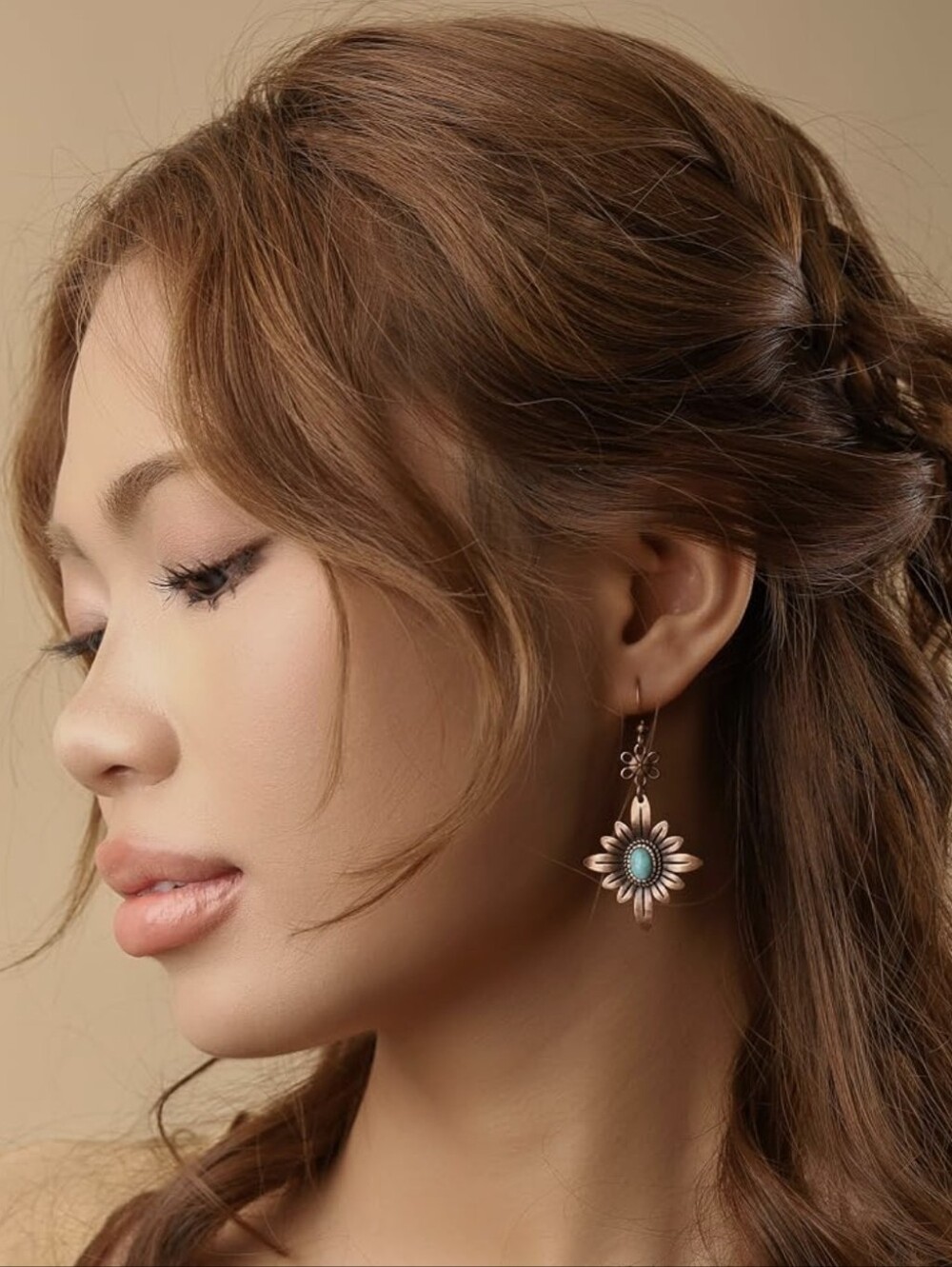 Antuque Copper And Turquoise Flower Earrings - Picture 3 of 7